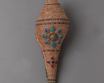 Handcrafted Conch Shell | Tibetan Buddhist Ritual White Conch Shell | Stonework Inlaid : Turquoise, Ruby, Emerald | Sankha Spritual Ritual
