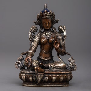 Tibetan Mother Drolma Oxidized Copper Statue Enhanced with Intricate Detailing | Silver Plated Green Tara Figurine | Tibetan Fine Artwork |