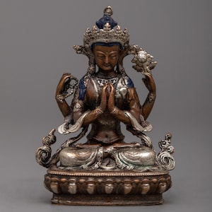 Bodhisattva Chenresig Statue | 4 Armed Compassionate Deity |Machine Carved Avalokiteshvara Figurine | Zen Space Decor | Nepal Buddha Art |
