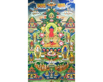 Buda Amitabha Pureland Thangka / Impresión de lienzo Giclee de alta calidad / Iluminación Thangka / Arte del Himalaya / Ideas de regalos religiosos