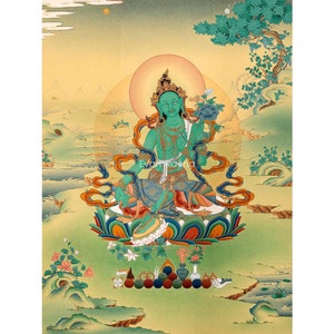 Impression de Mère Tara Thangka | Tara verte | Impression sur toile Thangka tibétaine | Pour votre méditation Tara | Idée cadeau