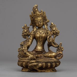Sitting Green Tara Statue | Hand-Carved Original Himalayan Buddhist Sculpture Art Work | Compassionate Deity | Brass Statue | Made In Nepal