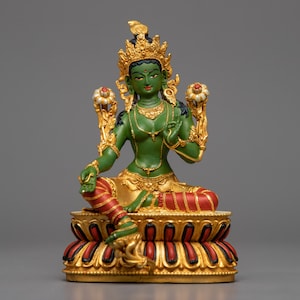 Machine-Made Green Tara Statue with Meticulous Detailing | The Female Buddha | Arya Drolma Tara Art | Gilded with the Splendor of 24k Gold |