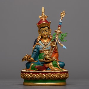Machine Made Guru Rinpoche Mini Statue |Guru Padmasambhava Sculpture |Authentic Buddhist Figurine |Traditionally 24k Gold Gilded | Nepal Art