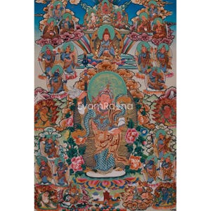Standing Guru Rinpoche | Padmasambhava with Staff and Skull Cup | Tibetan Thangka with Buddhas, Bodhisattvas and Protectors | Home Decor