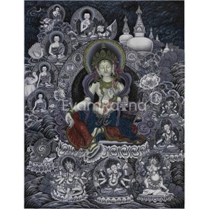 Green Tara Thangka Print | Healing Deity | Monochromatic Giclée Print on Cotton Canvas | Buddhist Goddess Wall Art | Meditation Altar