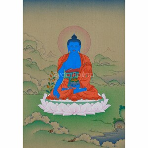 33 cm Medizinbuddha Thangka | Bhaisajyaguru Malerei | Heilender Buddha für Gesundheit, Wohlbefinden und Schutz | Blauer Buddha | Wohndekoration