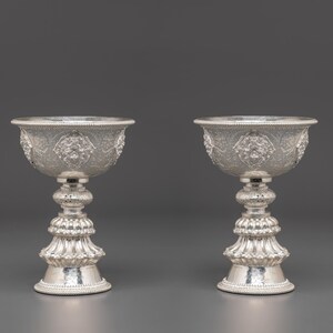 Handcrafted Silver Butter Lamp: Tibetan Meditation Ritual Altar Lamp (15cm x 11cm)
