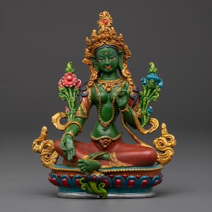 Traditional Green Tara Statue | Handcrafted Buddhist Goddess Sculpture 13.5cm x 11.5cm | Compassion Deity for Altar, Shrine and Meditation