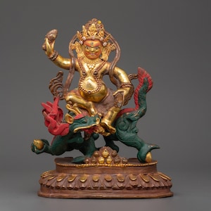 White Dzambhala Wealth Deity on Dragon Sculpture | Symbol of Wealth & Blessings | Gold-Plated Oxidized Copper Buddhist Figurine | Sacred Art
