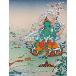 Erhöhen Sie Ihren Raum mit hochwertigem Green Tara Thangka Print | Mutter Grüne Tara Giclee Art | Traditionelles buddhistisches Kunsthandwerk Künstlerisches Dekor