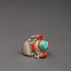 Silver Tibetan Ring | Ring with Turquoise and Coral |  Elegant Spiritual Jewelry for Women | Ideal for Those Seeking a Meaningful Accessory