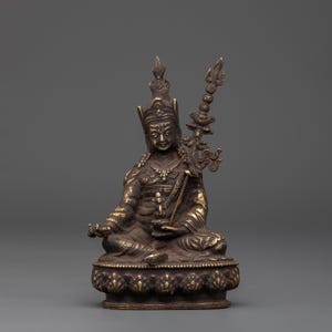 Handcrafted Protector Guru Rinpoche Figurine | 15.5cm Copper Statue with Antique Finish | Tibetan Buddhist Deity for Altar And Meditation