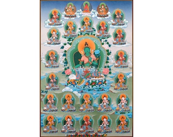 Rare 21 Tara Thangka Print | Bodhisattva Green Tara | High Quality Giclee Canvas Print | Buddhism Wall Hanging | Spiritual Fine Art Print |