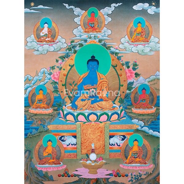 Eight Medicine Buddha Thangka, Mandala of 8 Healing Buddha Thangka in Quality Canvas Print, Meditation Wall Art | Bodhisattva Canvas Print|