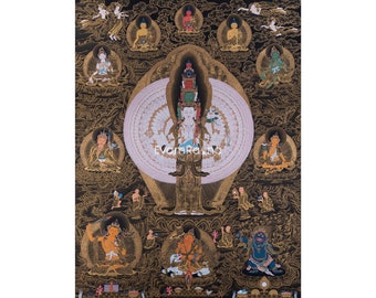 1000 armed Avalokiteshvara with Buddha and Bodhisattva | Quality Thangka Print | Traditional Tibetan Painting for Meditation Altar