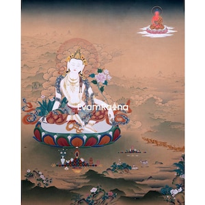 Bodhisattva Chenrezig With Buddha Amitabha | 2 Armed Chenrezig Thangka Print in Quality Canvas | Meditational Buddhist Art