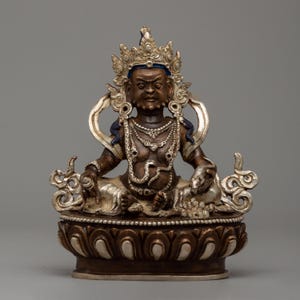 Oxidized Dzambhala Statue | 16cm Silver-Plated Copper Buddhist Wealth Deity | Figurine for Prosperity and Meditation Altar | Spiritual Gifts