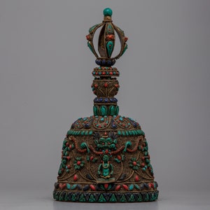 Handcrafted Buddhist Bell: Gemstone Engravings Showcase | Buddhist Bell for Divine Purity | Traditional Ritual Item | Healing Drilbu Bell |