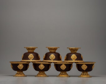 Buddhist Ritual Offering bowl Set | Tibetan Water Offering Altar | 24k Gold Plated with Auspicious Symbols | Zen Meditation Room Decor