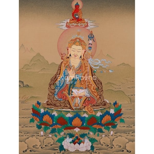 Guru Rinpoche with Amitabha Buddha Thangka | Hand-Painted Second Buddha | Infinite Light | Traditional Karma Gadri | Tibetan Buddhist Art
