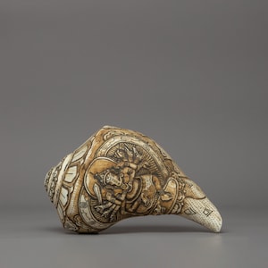 Handgeschnitzte Ganesha Muschel | 20,5 cm Heilige Sankha-Muschel | Hinduistische und buddhistische Ritualtrompete | Spirituelle Dekoration und Opfergabe | Glücksverheißendes Symbol
