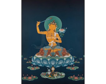 Manjushri Thangka Print | God Of Wisdom |  Buddhist Painting For Wall Hanging, Home Decor | Art Painting for Meditation and Yoga- Evamrtana