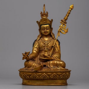 Guru Padmasambhava Statue | Tibetan Guru Rinpoche Gold Plated Figure | Handcarved Buddhist Tantric Master Sculpture | Traditional Home Decor
