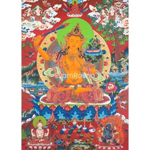Manjushri Tibetan Thangka Print | The Buddha of Wisdom | Original Hand Painted Traditional Wall Hanging Buddhist Art | Buddhist Shrine Altar