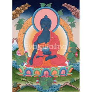 Medicine Buddha Thangka | Hand Painted Healing Buddha | Bhaisajyaguru Painting | Spiritual Home Decor |Tibetan Wall Hanging |Religious Gifts