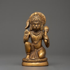 Brass Hanuman Statue | 12cm Hindu God Sculpture | Strength & Devotion Decor | Handcrafted Monkey God Idol | Puja Present | Perfect for Altar