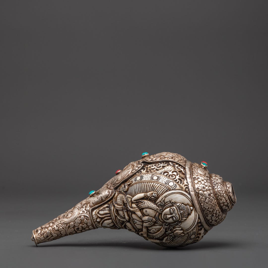 Religious Conch Shell Tibetan Ritual Conch for Altar | Silver Plated Sacred Shell With Coral ...