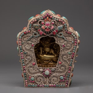 Ghau Box with Yamantaka Figurine | Sacred Tibetan Box with Gemstone Detailing | Tibetan Handcrafted Ritual Object |Sacred Himalayan Treasure
