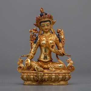 24K Gold Gilded Green Tara Copper Statue | Handcrafted Buddhist Decor | Enlightened Goddess of Compassion | Miniature Spiritual Artifact