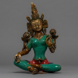 Green Tara Statue | Buddhist Female Buddha Goddess for Meditation and Ritual Practice | Traditionally Hand-Crafted Himalayan Buddhist Art