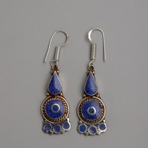 Lapis Stone Drop Dangle Earrings | Masterpiece of Buddhist Craftsmanship | Tibetan Jewelry | Handmade Earrings with Ear Wire Closure