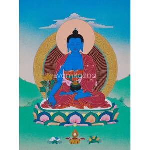 Heiliger Buddha Medizin Thangka | Bhaisajyaguru Malerei | Buddha der Heilung | Tibetanische Buddha Kunst | Spiritueller Schutz | Meditations-Altar