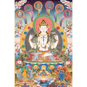 Original Hand Painted Avalokitesvara Chengrezig With Mantra Thangka | Bodhisattva of Compassion |  Wall Hanging Decoration Tibetan Art