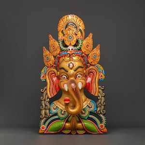 Tantric Ganesha Wall Mask in Carved Wood | Colorful Ganesh Decor for Altar & Home | Himalayan Elephant Deity Art Decor with Sacred Symbols