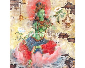 Oil Painting Of Arya Green Tara | Large Size Tara Painting For Wall Decoration | Art Painting for Meditation and Good Luck | Religious Gifts