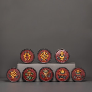 Wooden 8 Auspicious Symbols Wall Hanging Set | Hand-Painted Tibetan Sacred Symbols | Buddhist Decor for Altar, Temple, or Meditation Room
