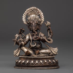 Lord Ganesh Blessing Statue | Handcrafted Oxidized Copper & Silver Plated, 10cm High, Unique Spiritual Decor for Meditation and Blessings