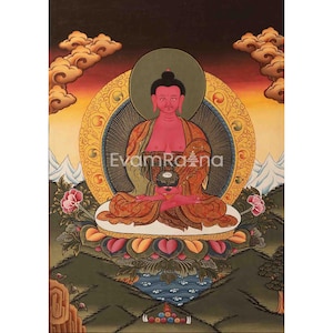 Amitabha Buddha and Chengrezig Thangka Painting | Tibetan Buddhist Wall Hanging Art for Peace | Original Hand-Painted Vajrayana Buddhism Art