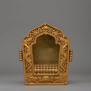 Mini Ghau Sacred Box for Shrine | 15cm Gold-Plated Tibetan Buddhist Amulet Box | Handcrafted Copper Portable Shrine for Prayers and Mantras