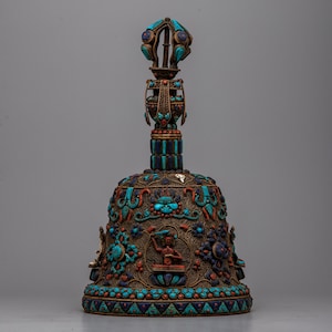 Himalayan Gemstone-Adorned Bell Reflecting Spiritual Energy | Tibetan Bell Drilbu for Inner Peace & Harmony |  Handmade Buddhist Souvenir |