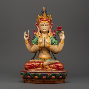 Handmade Four-armed Chenrezig Statue | The Compassionate Deity | Tibetan Buddhist Chenrezig Art | Wooden Tibetan Avalokiteshvara Sculpture |