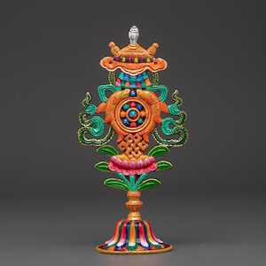 Handcrafted Tibetan Auspicious Symbol Figurine | 19.5cm Brass Body Colorful Acrylic Painted Sacred Buddhist Icon | Spiritual Ritual Item