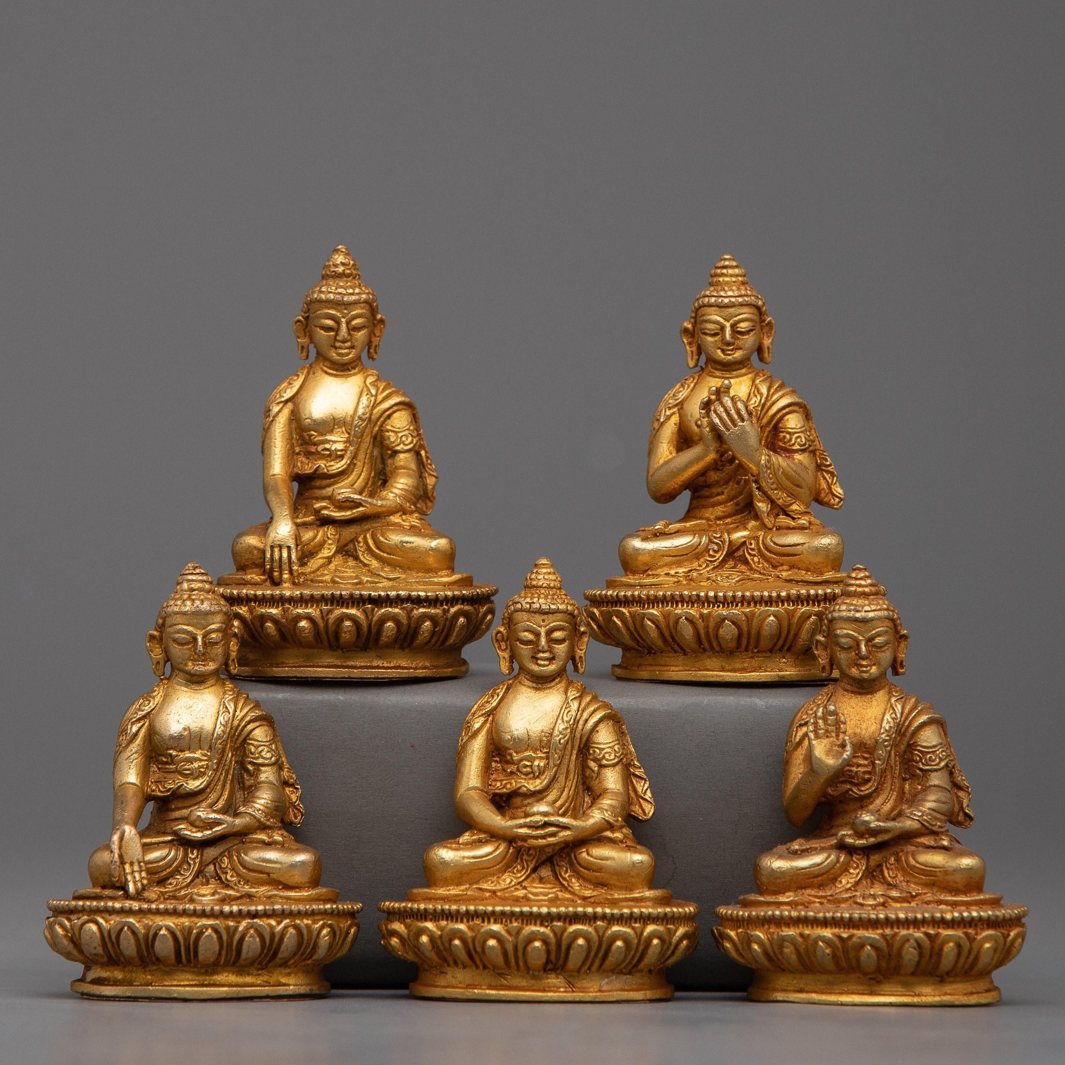 Five Mini Dhyani Buddhas Statues Set | Shakyamuni, Ratnasambhava, Vairocana, Namo Amitabha, Amoghasiddhi Sculpture | Gifts From Evamratna