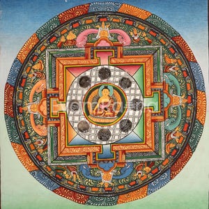 Vintage Shakyamuni Buddha Mandala Thangka | Hand-Painted Tibetan Art with 24K Gold | Meditation Wall Decor | Buddhist Sacred Geometry Canvas