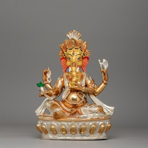 Handcrafted Ganesh Hindu Deity Sculpture | Copper Body, Gold, and Silver Electroplated | Vibrant Acrylic Colors | 23.5cm Sacred Home Decor |